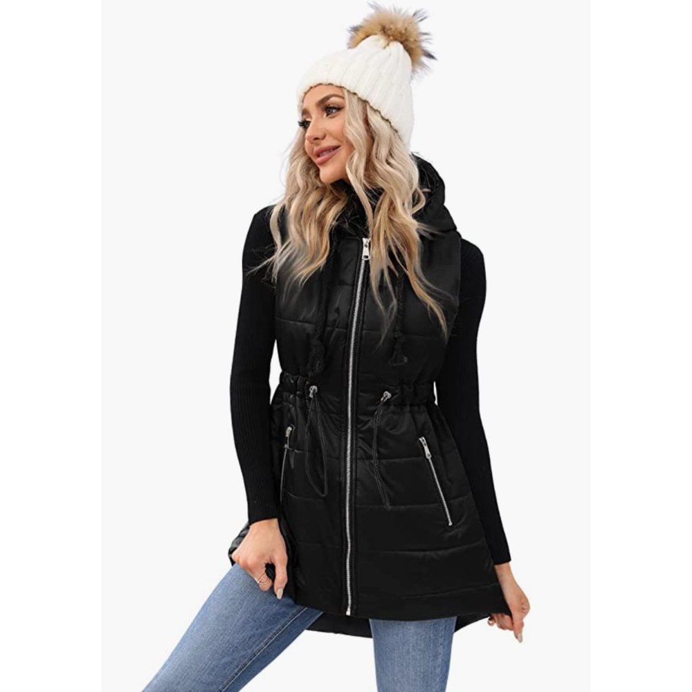 Black Quilted Puffer Hooded Zip Up Long Midi Vest Jacket Gilet Coat - Picture 2 of 7